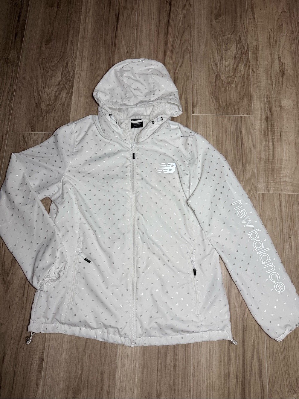 New Balance Women's White Hooded Reflective Dot Windbreaker